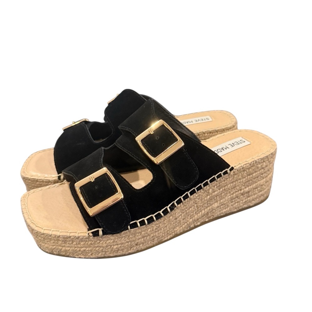 Steve Madden Lizner Slide Sandals in Black Suede.